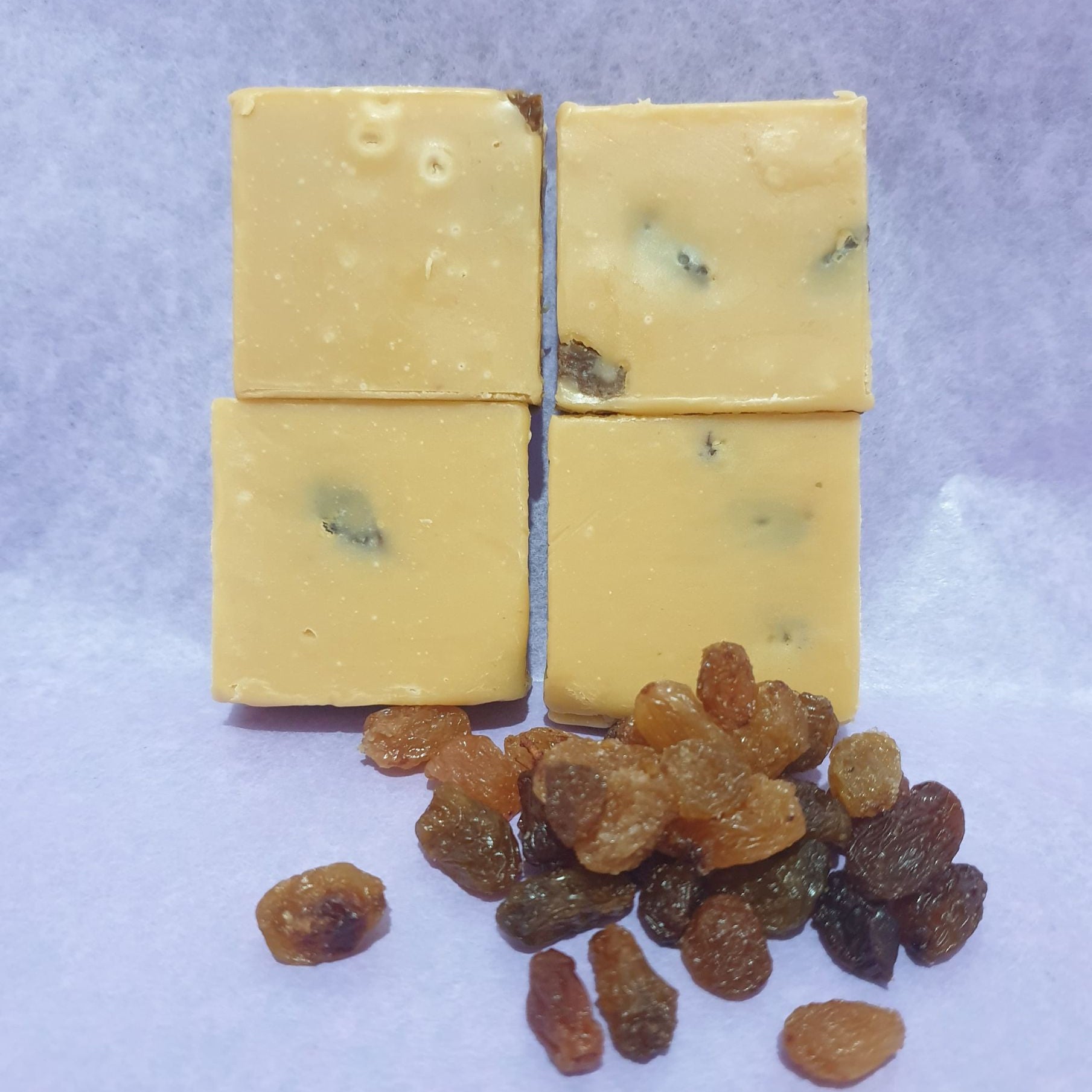 Four blocks of fudge with raisins on a light purple background