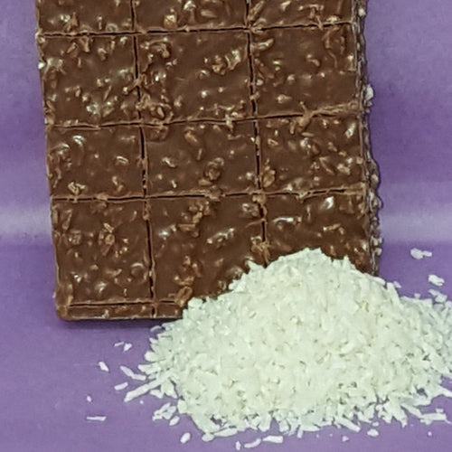 Chocolate bar with a crumbly texture on a purple background