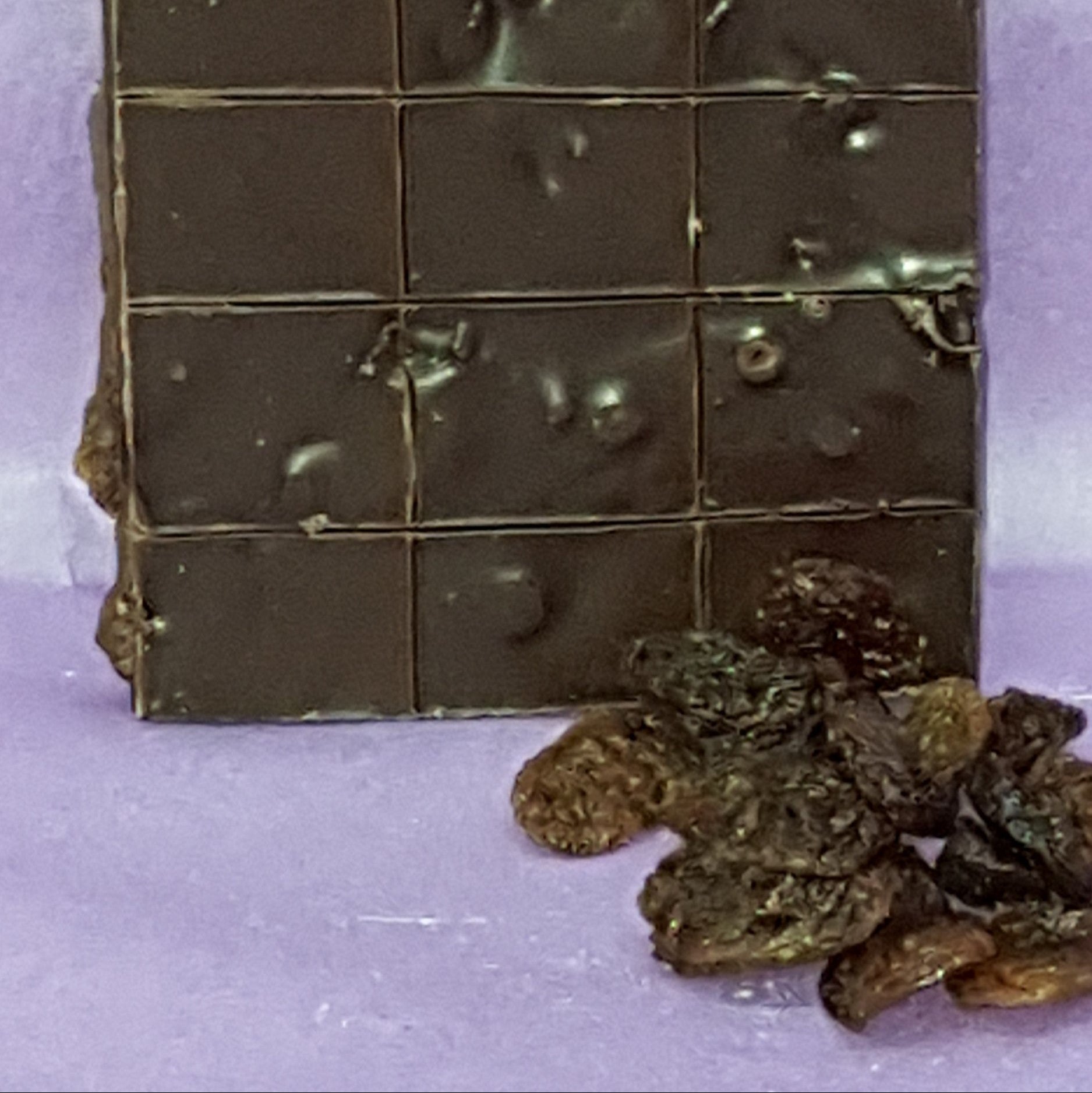 Dark chocolate bar with raisins on a light purple background
